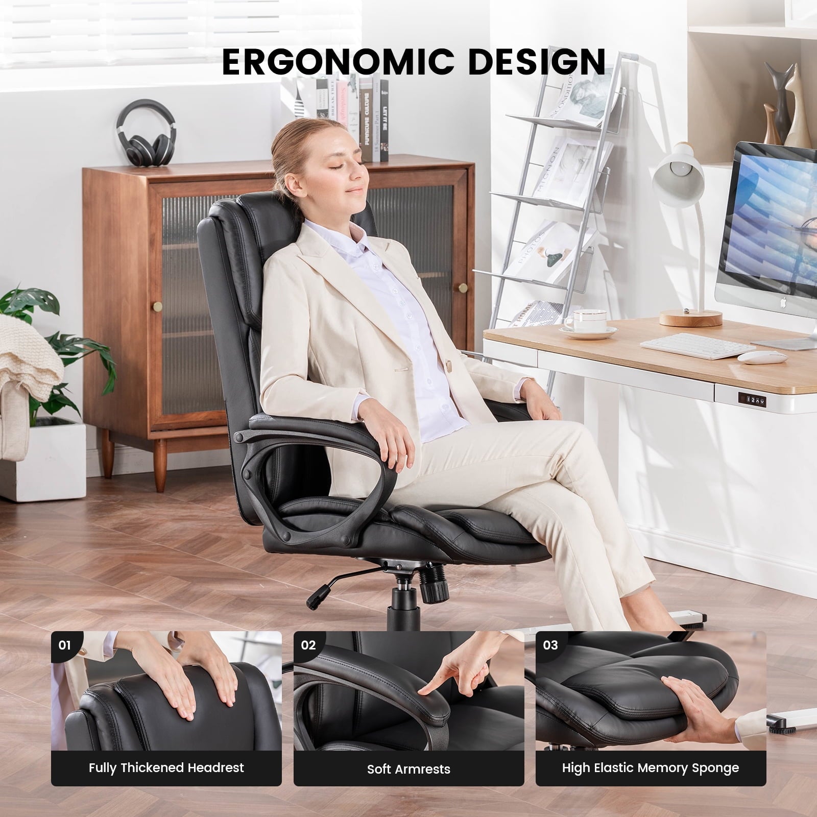 Mainstays Executive Ergonomic High Back Leather Home Office Desk Chair, Black