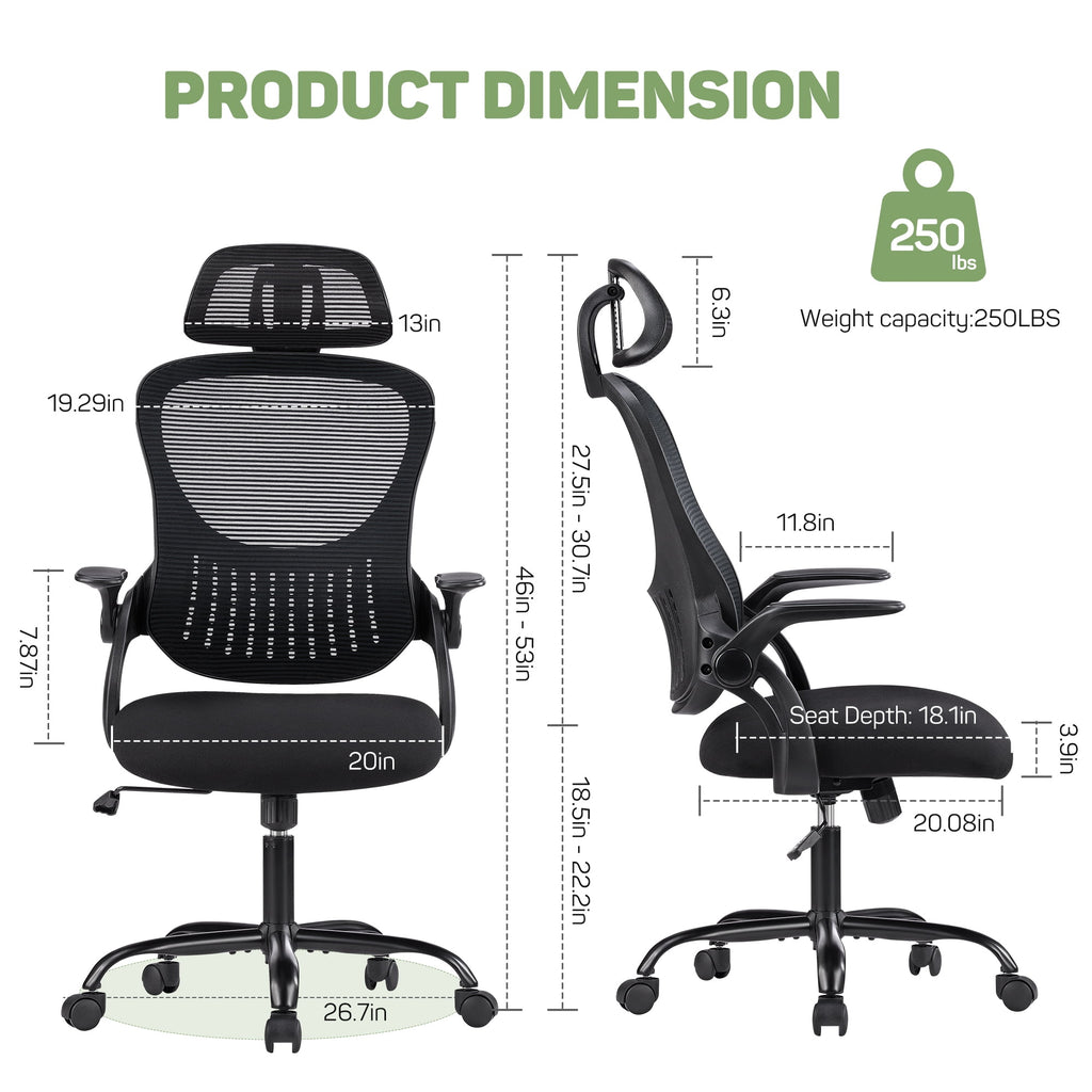 Casabay Ergonomic Office Chair, High-Back Mesh Desk Chairs with Flip-up Armrest Adjustable Headrests, Comfortable Lumbar Support, for Home, Work, Study