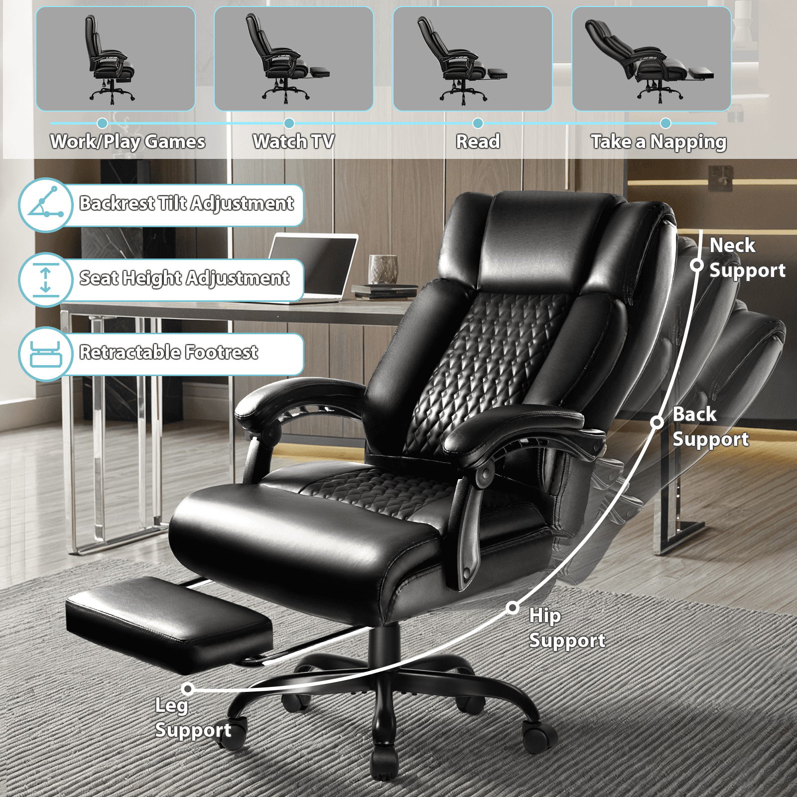 Waleaf Office Chair with Footrest,90-165°Reclining Ergonomic High Back Computer Desk Chair Lumbar Support for Home Office