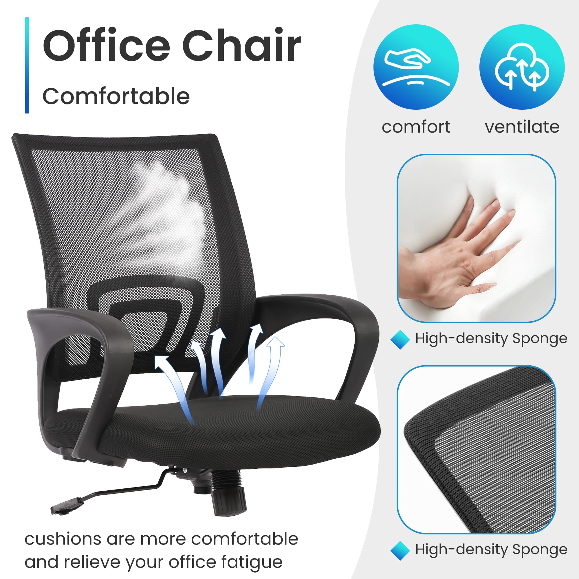 JONPONY Ergonomic Office Chair, Lumbar Support, Adjustable Height with Armrests for Adults,Black