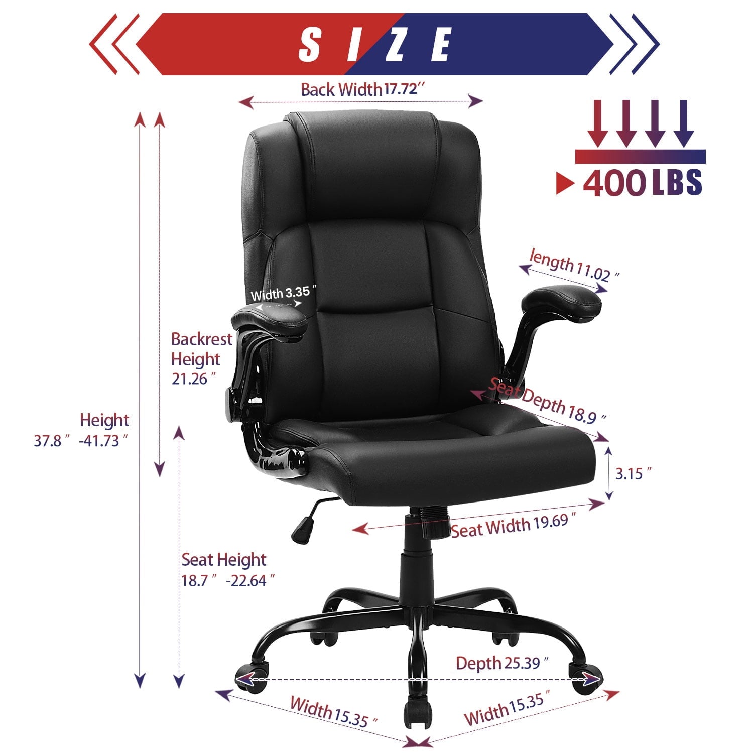 JONPONY Big and Tall Office Chair 400LBS Wide Seat Ergonomic Computer Desk Chair High Back Executive Leather Chair Adjustable Task Chair Lumbar Back Support 8 Hours Heavy Duty Design,9189,Black