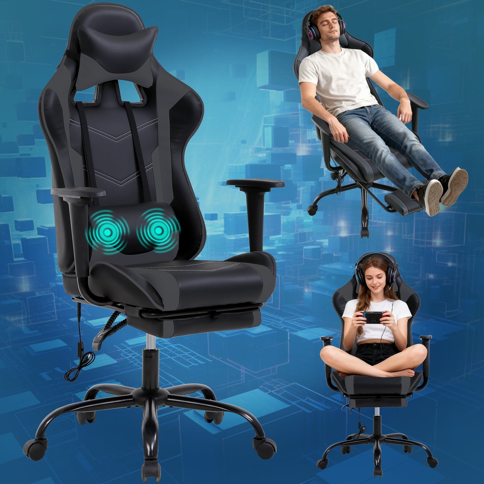 NiamVelo Leather Gaming Chair Ergonomic Video Game Chairs with Flip up Arms, Adjustable Rolling Swivel Chair for Adult Teen, White