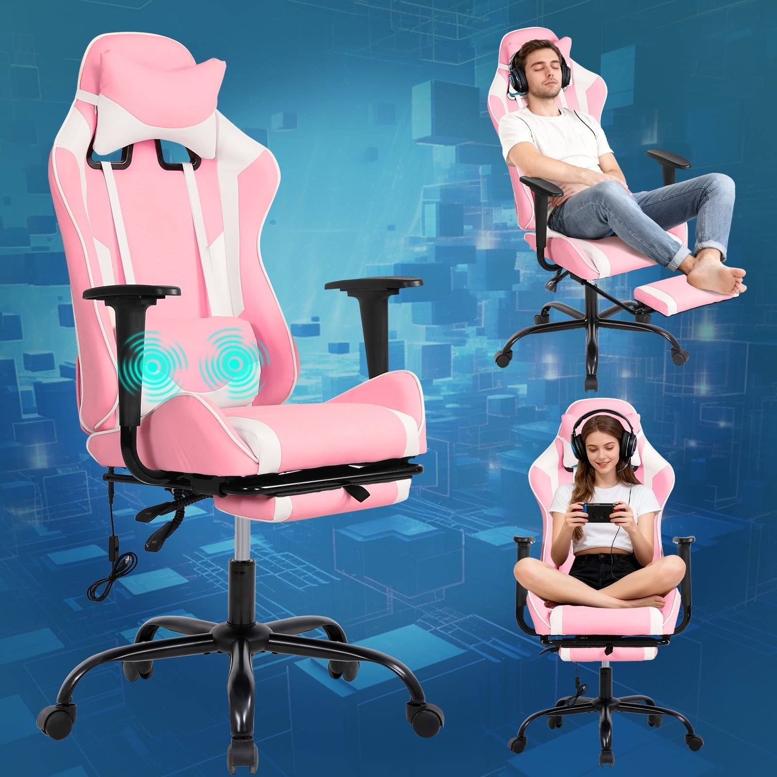 NiamVelo Leather Gaming Chair Ergonomic Video Game Chairs with Flip up Arms, Adjustable Rolling Swivel Chair for Adult Teen, White