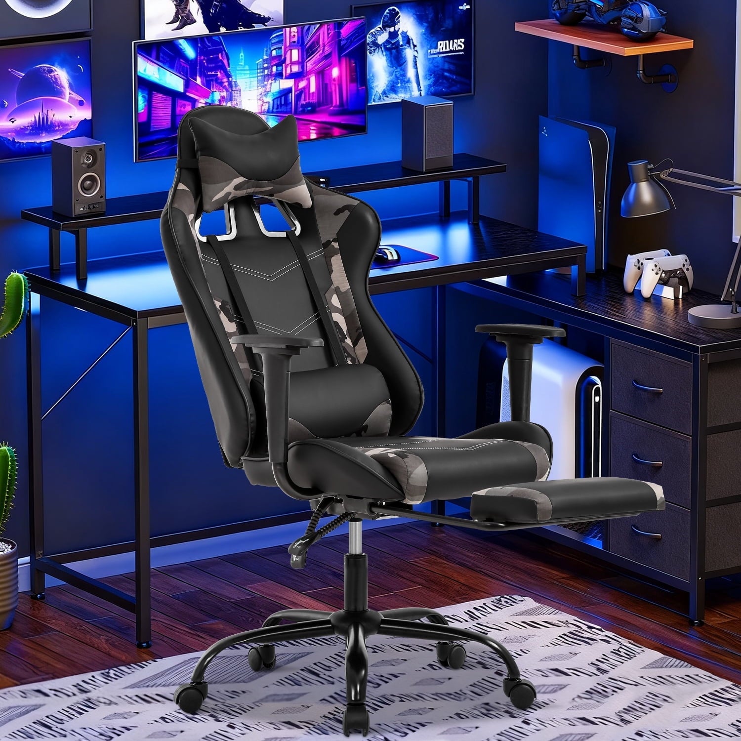 NiamVelo Leather Gaming Chair Ergonomic Video Game Chairs with Flip up Arms, Adjustable Rolling Swivel Chair for Adult Teen, White