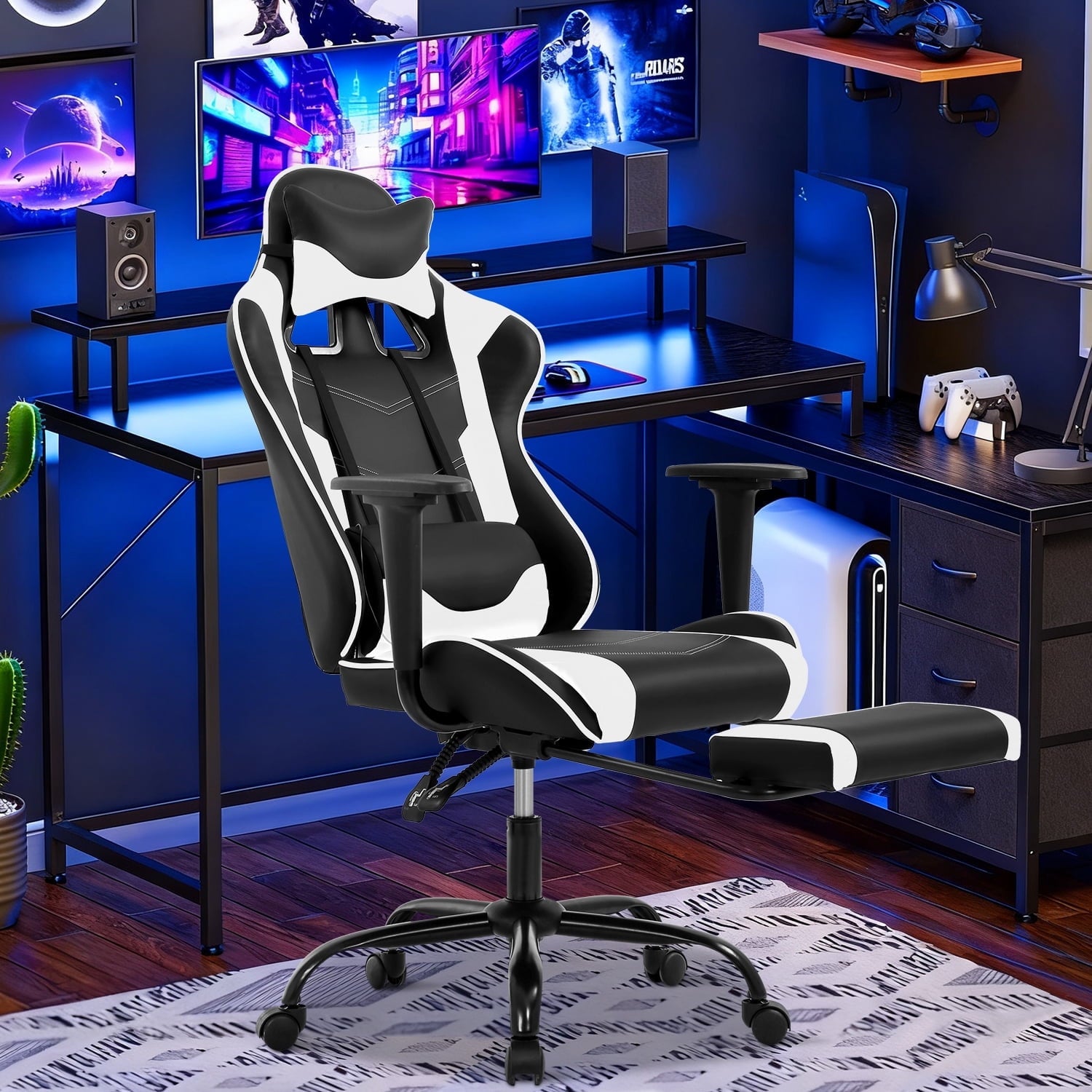 NiamVelo Leather Gaming Chair Ergonomic Video Game Chairs with Flip up Arms, Adjustable Rolling Swivel Chair for Adult Teen, White