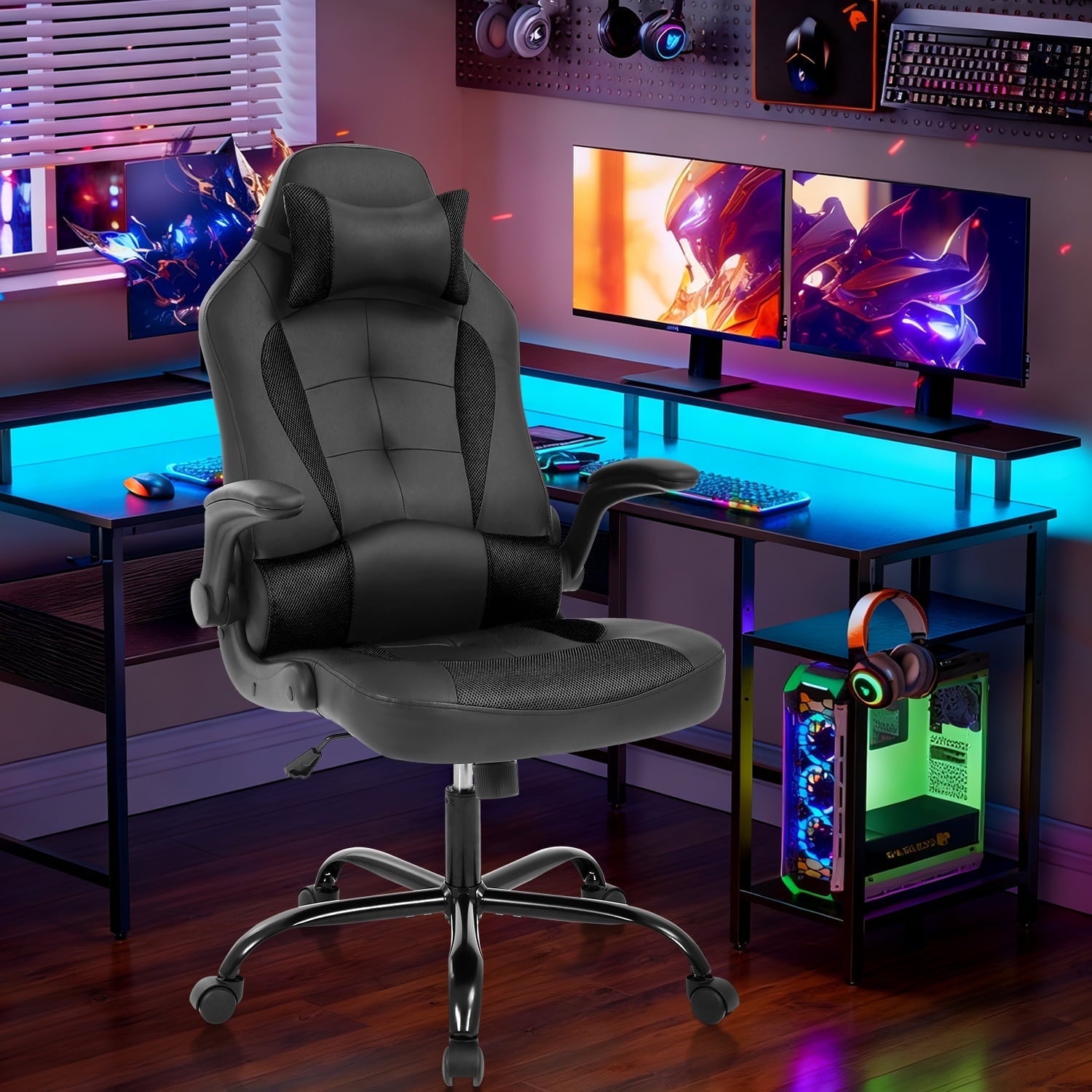 NiamVelo Leather Gaming Chair Ergonomic Video Game Chairs with Flip up Arms, Adjustable Rolling Swivel Chair for Adult Teen, White