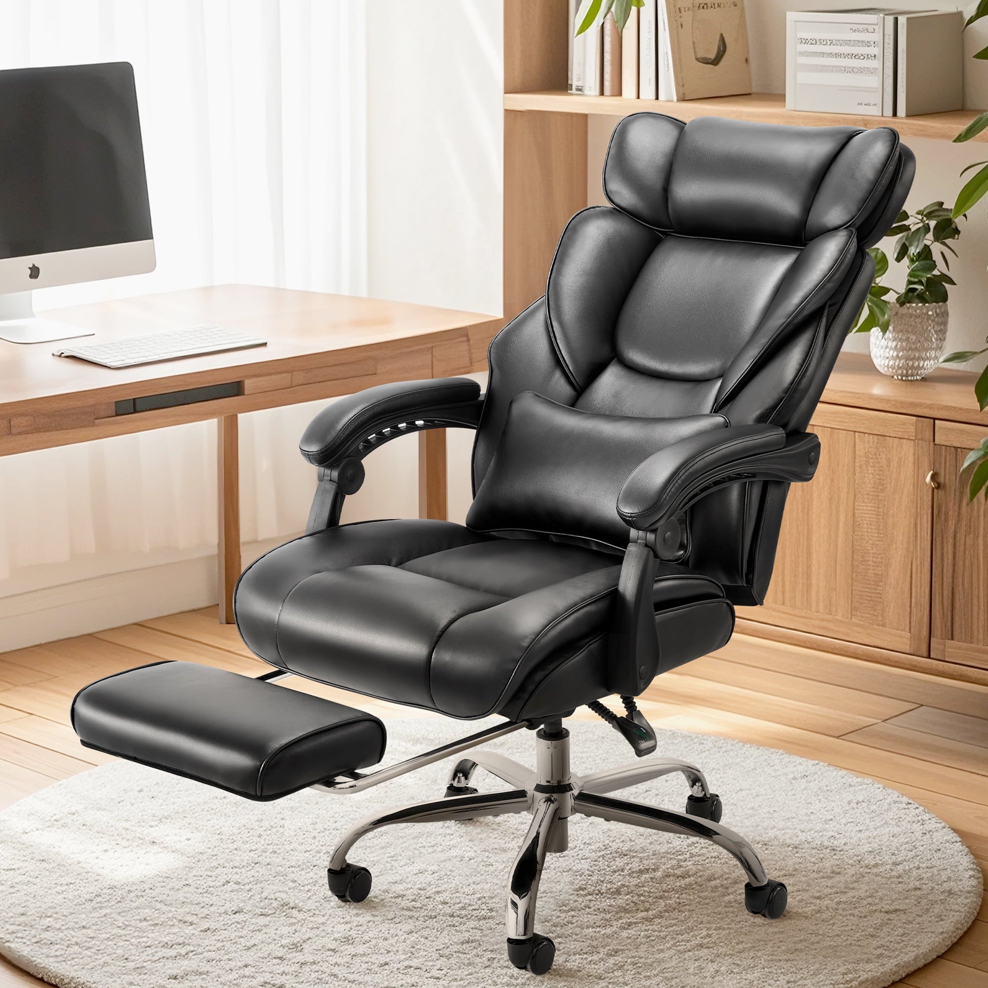 AFO Ergonomic Office Chair with Retractable Footrest and Removable Lumbar Pillow,High Back Reclining Executive Desk Chair,Black