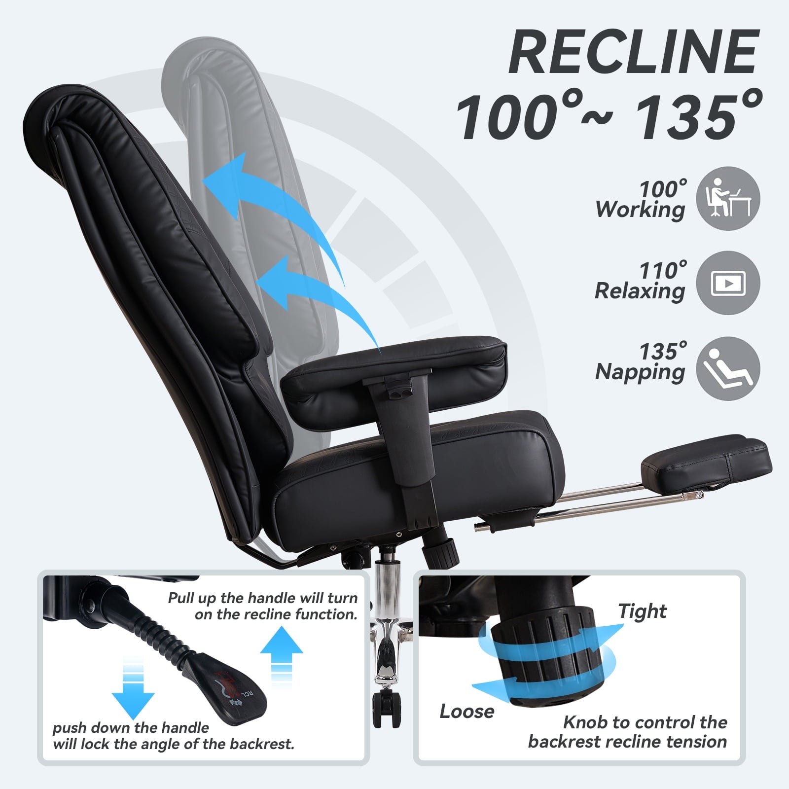 ATMILD High Back Ergonomic Office Chair Big and Tall Leather Executive Computer Desk Chair with Footrest, Black