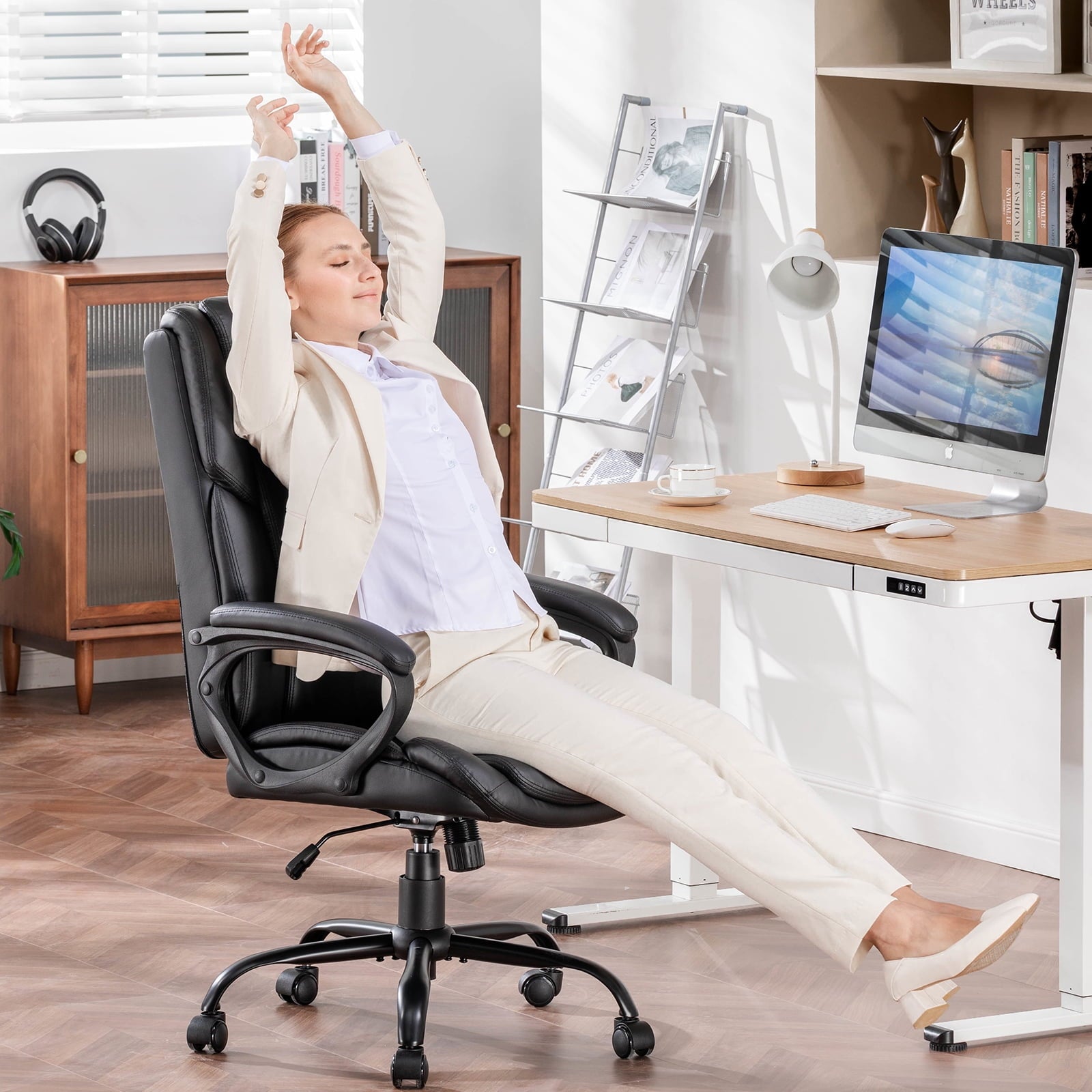 Mainstays Executive Ergonomic High Back Leather Home Office Desk Chair, Black