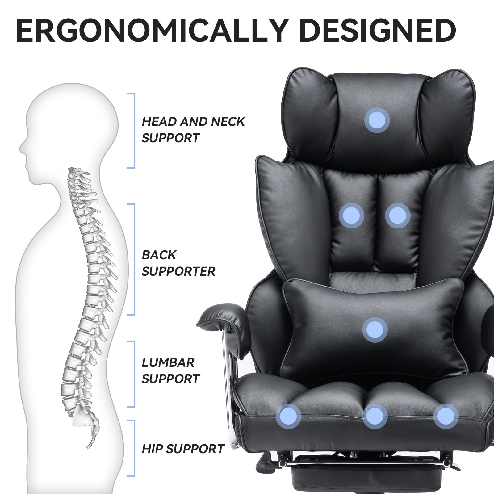 ATMILD 400 lbs Big and Tall Ergonomic PU Leather Office Chair with Footrest, Black